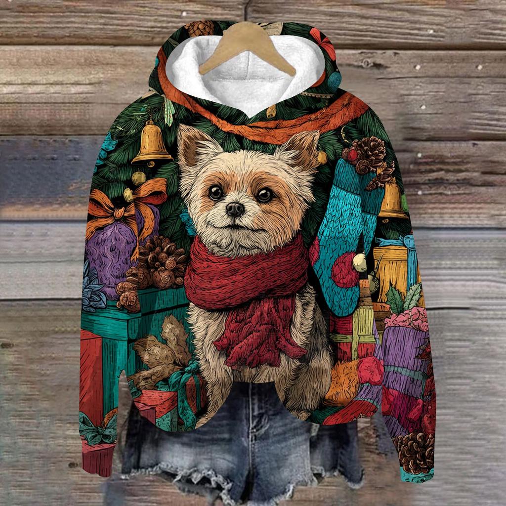 Women's Fashion Long Sleeve Christmas Print Loose Hooded Sweatshirt Top