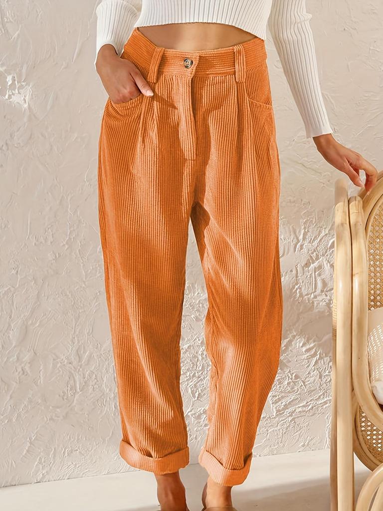 2025 Autumn Women's High Waist Corduroy Pants - Solid Color, Loose Straight Leg