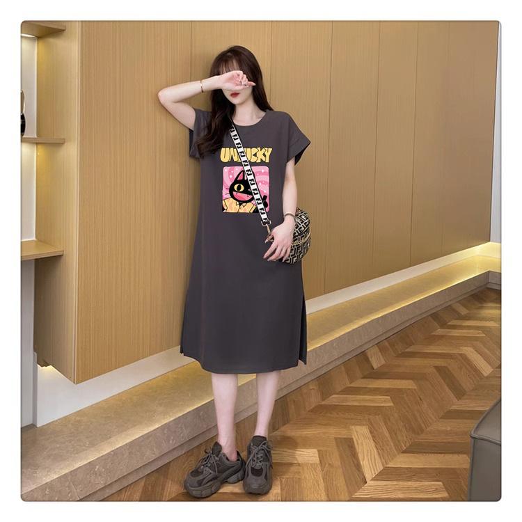 Women's Short-sleeved T-shirt Slit Dress Summer Mid-length Over-the-knee Dress Plus-size Age-reducing Clothes