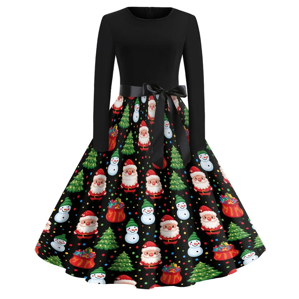 Women's Vintage V-Neck Christmas Print Casual Dress for Holiday Party