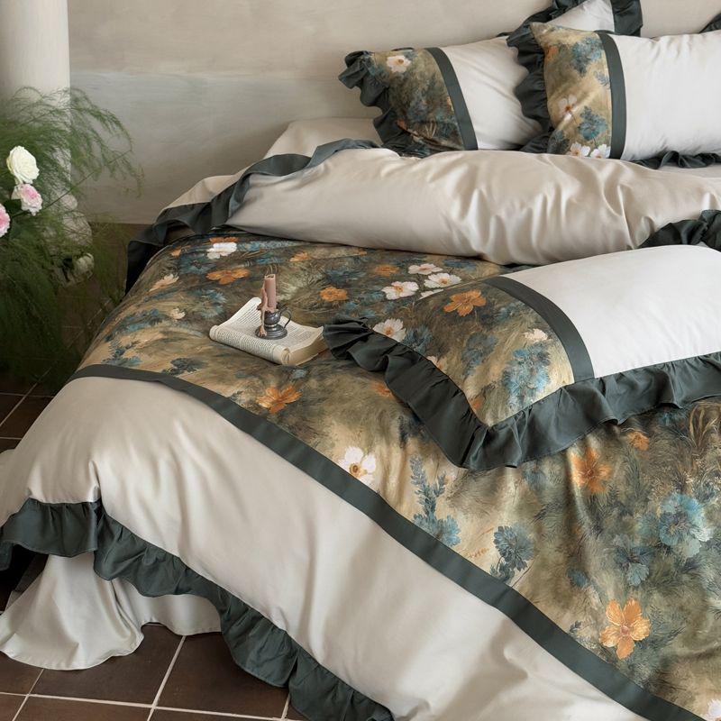 

G5Z French Retro 100% Washed Cotton Bedding Set: Light Luxury Lace-Trimmed Duvet and Princess Bed Sheet. 1.8m Bed Sheet, Standard, Duvet 200*230