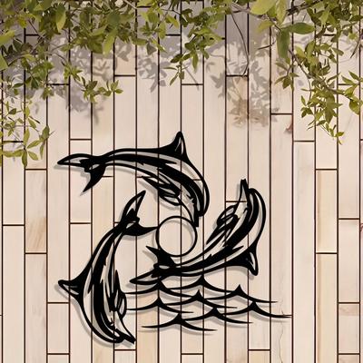 Metall Delfin Wandkunst Statue Schwarz Abstrakt Wandbild Innen Außen Dekor Geschenk