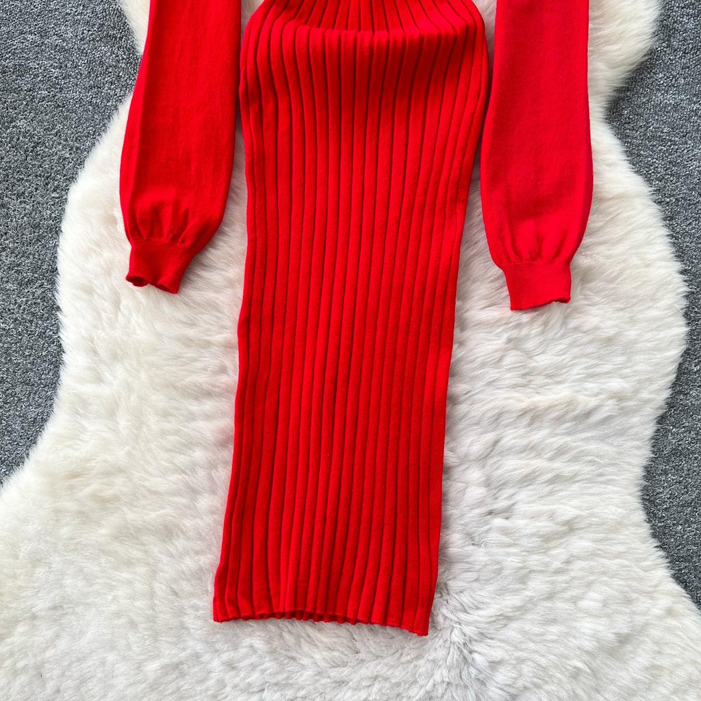 Autumn Spring Women Casual Stand Collar Full Sleeve Long Midi Knitted Sweater Pullover Dresses