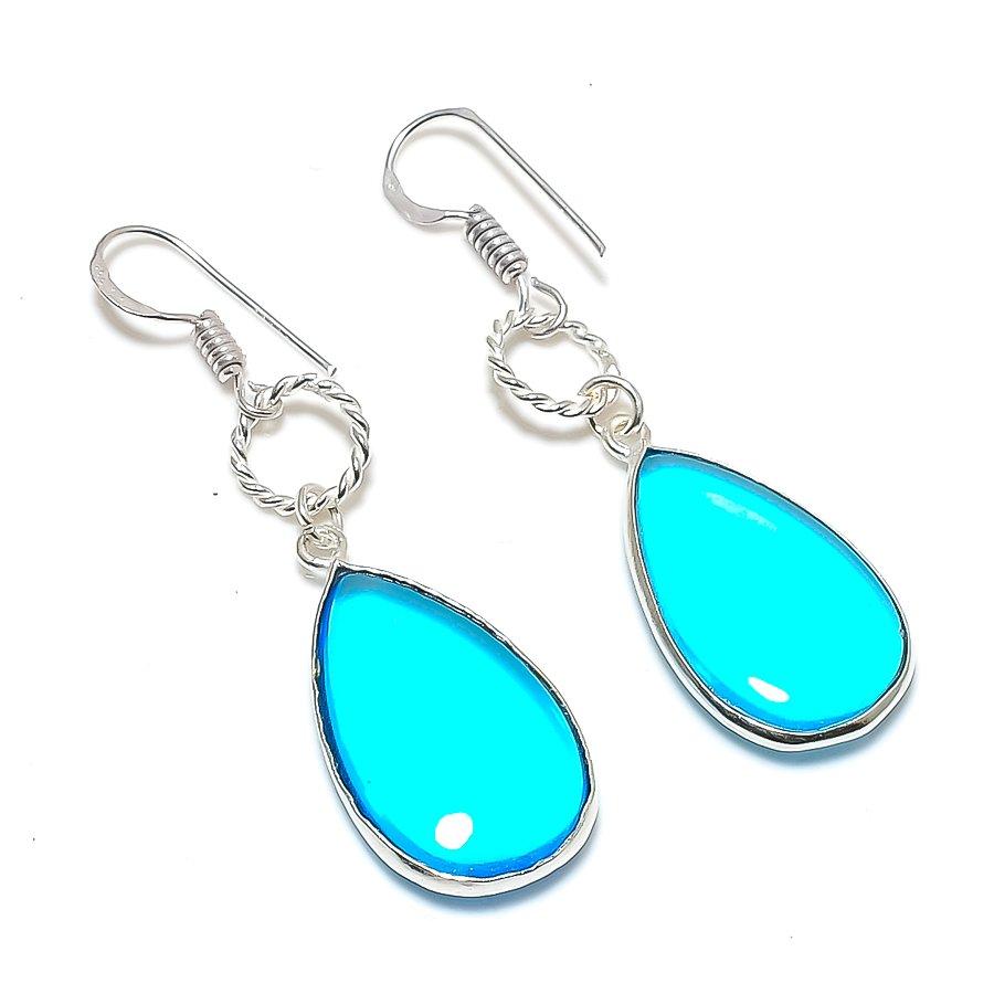 Swiss Blue Topaz Gemstone 925 Sterling Silver Jewelry Earring 2.09" GK-5176