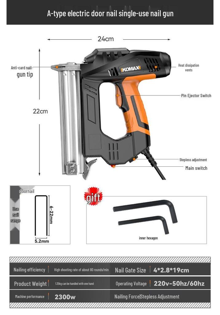 Comax Pneumatic 2-in-1 Electric Nail Gun - Straight & Brad Nailer for Woodworking and Steel Nails.