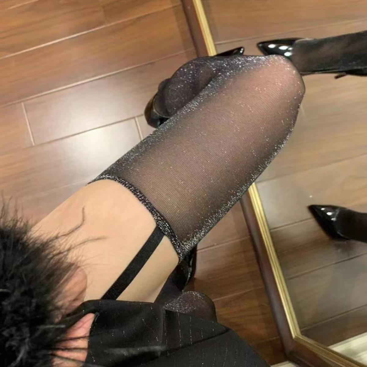 

Sparkly Black Glitter Suspender Stockings with Pearl Silver Thread One Size чорний