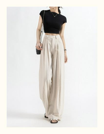 Women's High-Waisted Wide-Leg Linen Pants - Summer 2026 Collection, Loose Fit, Tencel Cotton Blend, Floor-Length