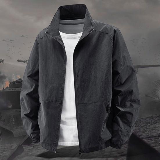 Herren Jacke Stehkragen Langarm Reißverschlussleiste Frühling Herbst Mantel mit Taschen Einfarbig Lockere Passform Vielseitige Oberbekleidung