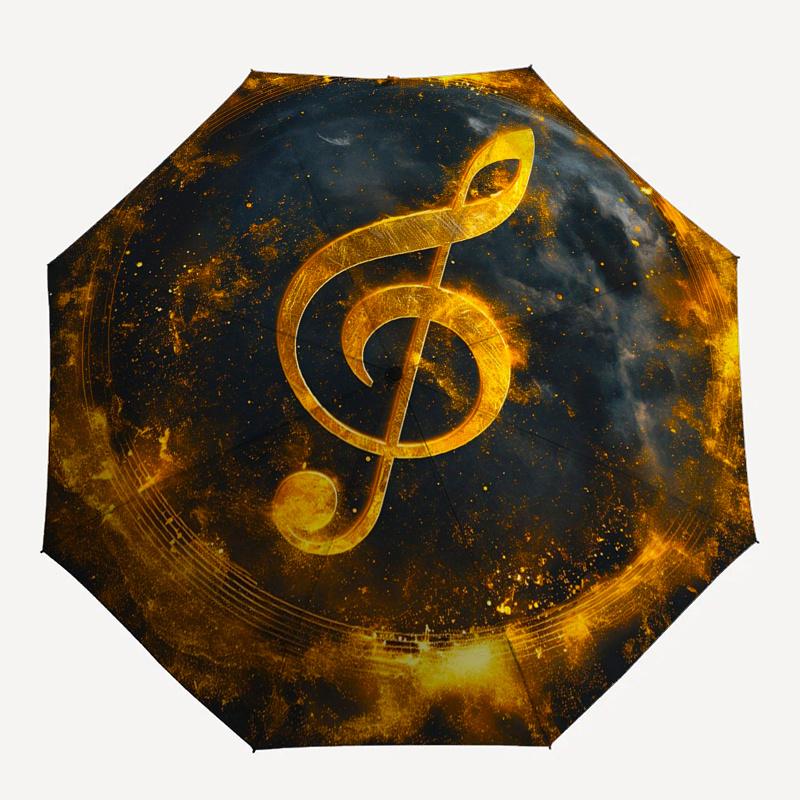 Gyllene Diskantklav Musiksymbol Väggkonst Dekor Affisch Paraply   Sött Paraply med Söt Design, Bärbart 3-fällbart Kompakt Paraply för Män & Kvinnor,S363
