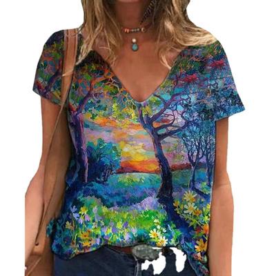 Summer Women's New Amazon Painted V-neck Printed Short Sleeved T-shirt