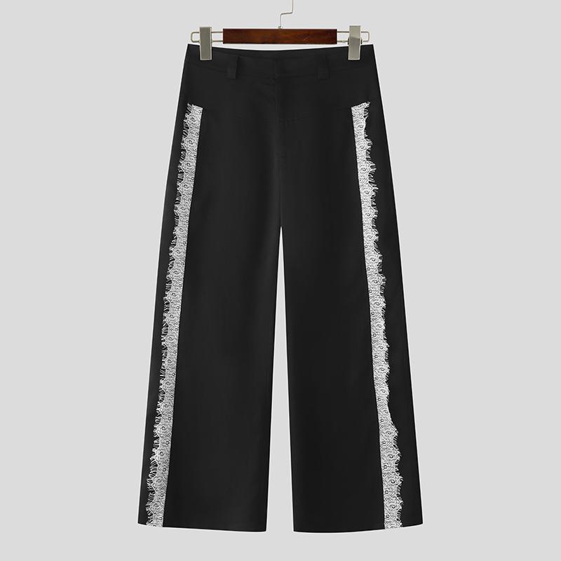 

INCERUN Men Zip-up Waist Side Lace Patchwork Casual Long Straight Pants S