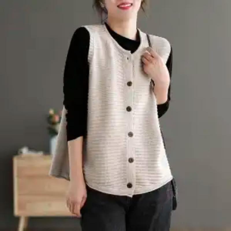 Damen Neues Genähtes Rundhals Knopf Mode Einfarbig Locker Vielseitig Lässig Gestricktes Westen-Top
