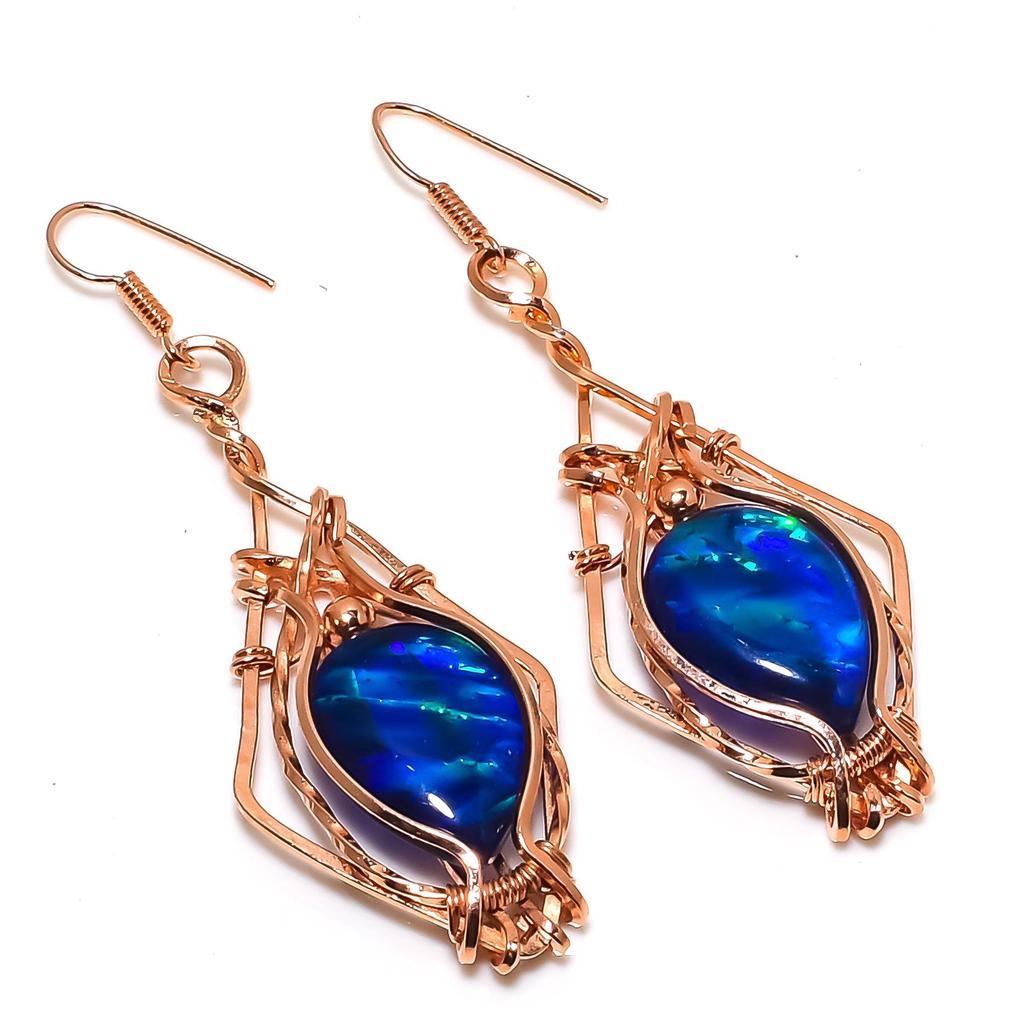 Australian Triplet Opal Earrings, 999 Copper Wire Wrapped Earrings, Handmade Gemstone Jewelry Earrings For Memorial Day