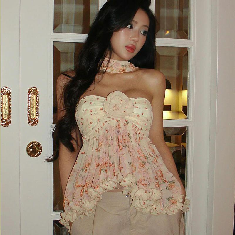 

Sweet Sexy Floral Wooden Ear Three-Dimensional Flower Tube Top Vest Female Autumn Fashionable Loose All-Match Seaside Vacation Tops Flower color L