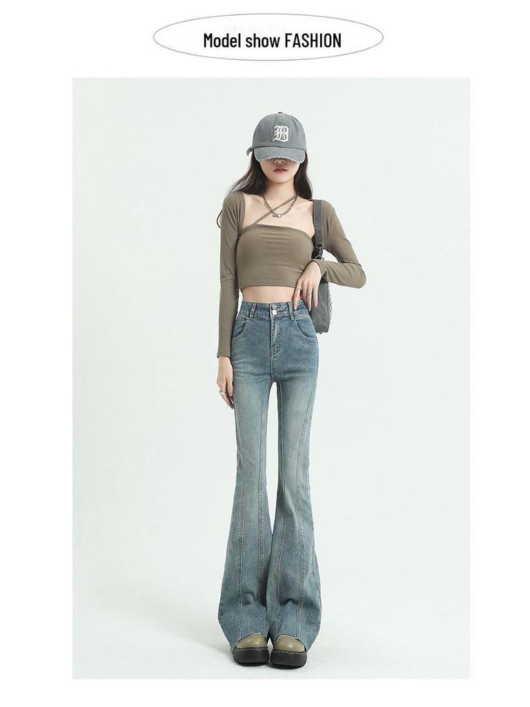 2025 New Style Retro Flare Jeans: Frayed Patchwork Slimming Fit