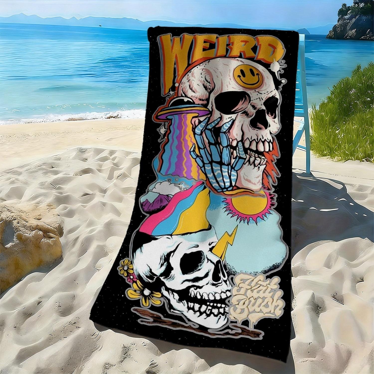 

Retro-style skull and smiley face patterns polyester microfiber beach towel is highly absorbent, suitable swimming beach outings W40*H60(CM)