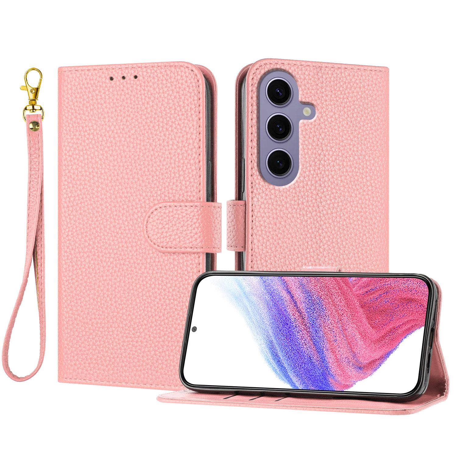 

For Samsung Galaxy S24 Leather Case Litchi Texture Wallet Stand Anti Drop Phone Cover with Wrist Strap C