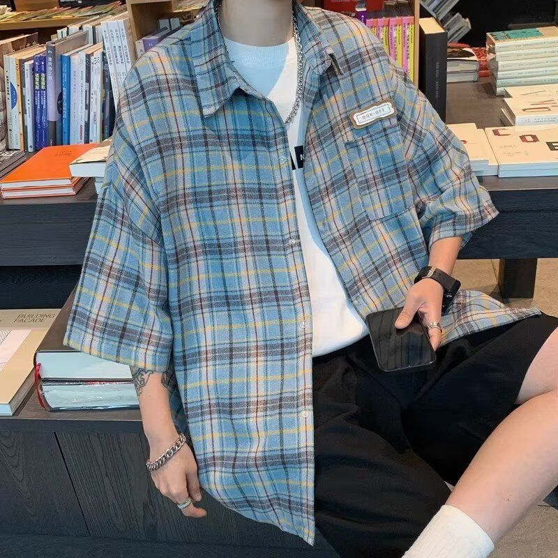 

Мужская одежда Лето Модный Японский стиль Винтажная Клетчатая Рубашка Харадзюку Повседневная Уличная одежда Y2K Оверсайз С коротким рукавом Карманы Топы M синий