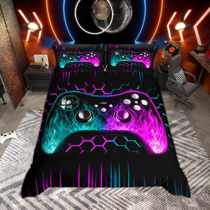 Homewish Pojkar Spelare Gaming Påslakan Set Neonlys Honungskaka Sängkläder Svart Vändbart Täckeöverdrag Set