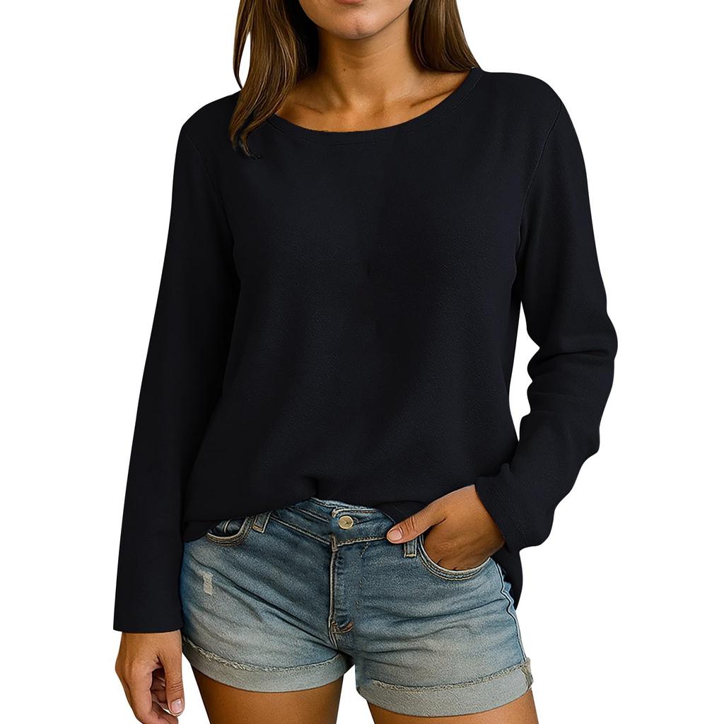 Women's Solid Color Casual Top Round Neck Long Sleeved Loose Pullover Top