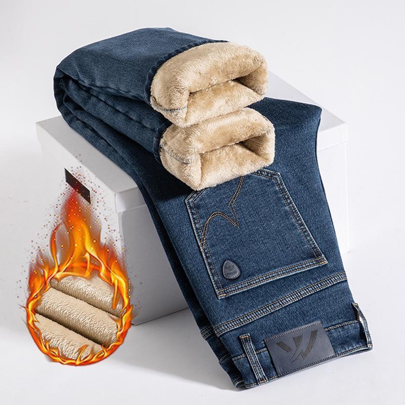 Jeans high-end pants autumn and winter elastic fleece straight-leg pants