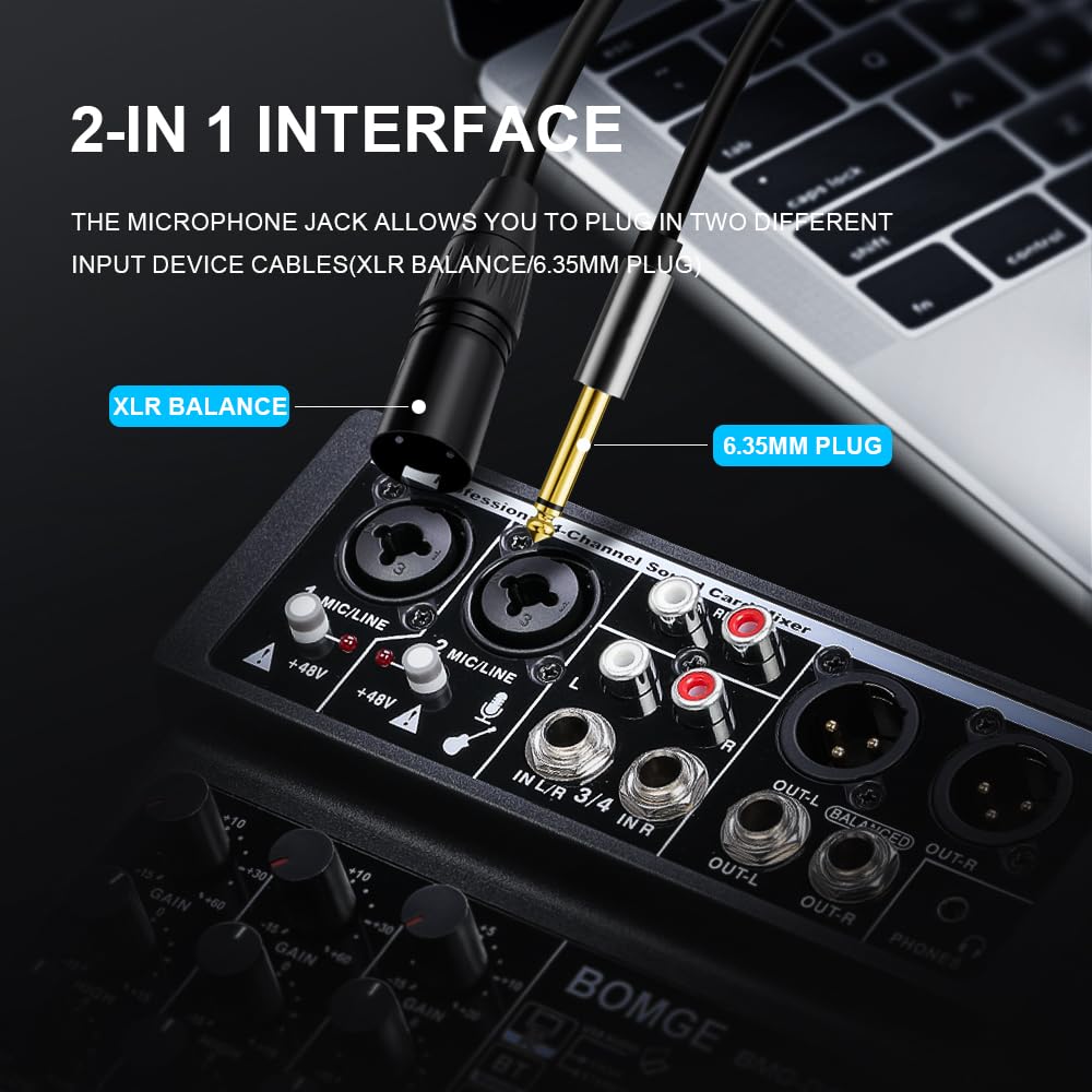DJ Audio Sound Mixer with Stereo 48V 16 DSP Echo for Live Church and Music Production BOMGE-04F 4-Channel MP3, USB, Bluetooth, Record, Power, Effects,