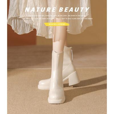 Autunno e inverno nuovi stivaletti corti da donna con tacco spesso, stivaletti sottili a punta rotonda, suola spessa super morbida, stivaletti corti bianchi alla moda