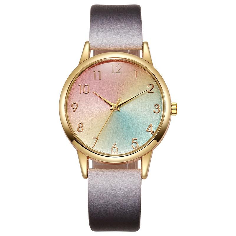 Fashion Women s Gold Gradient Rainbow Watch Pink Blue Dial Leather Strap Quartz Wristwatch A