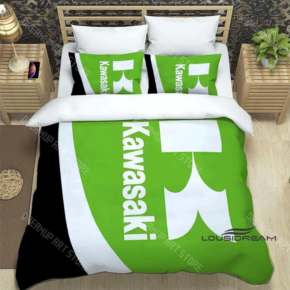 Set Biancheria da Letto Stampa Retro 3D Logo Moto K-Kawasaki Set Biancheria da Letto Elegante Copripiumino Coperta Trapuntata Letto Regalo di Compleanno di Lusso