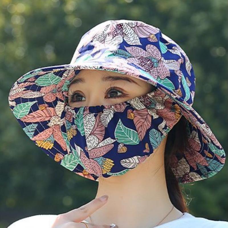 Women's Lightweight Floral Bucket Hat with Detachable Face Cover Breathable Anti-UV for Hiking Camping Vacation