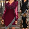 Fashion Autumn Winter Solid Color Print Long Sleeve V-Neck Casual Dresses International Design