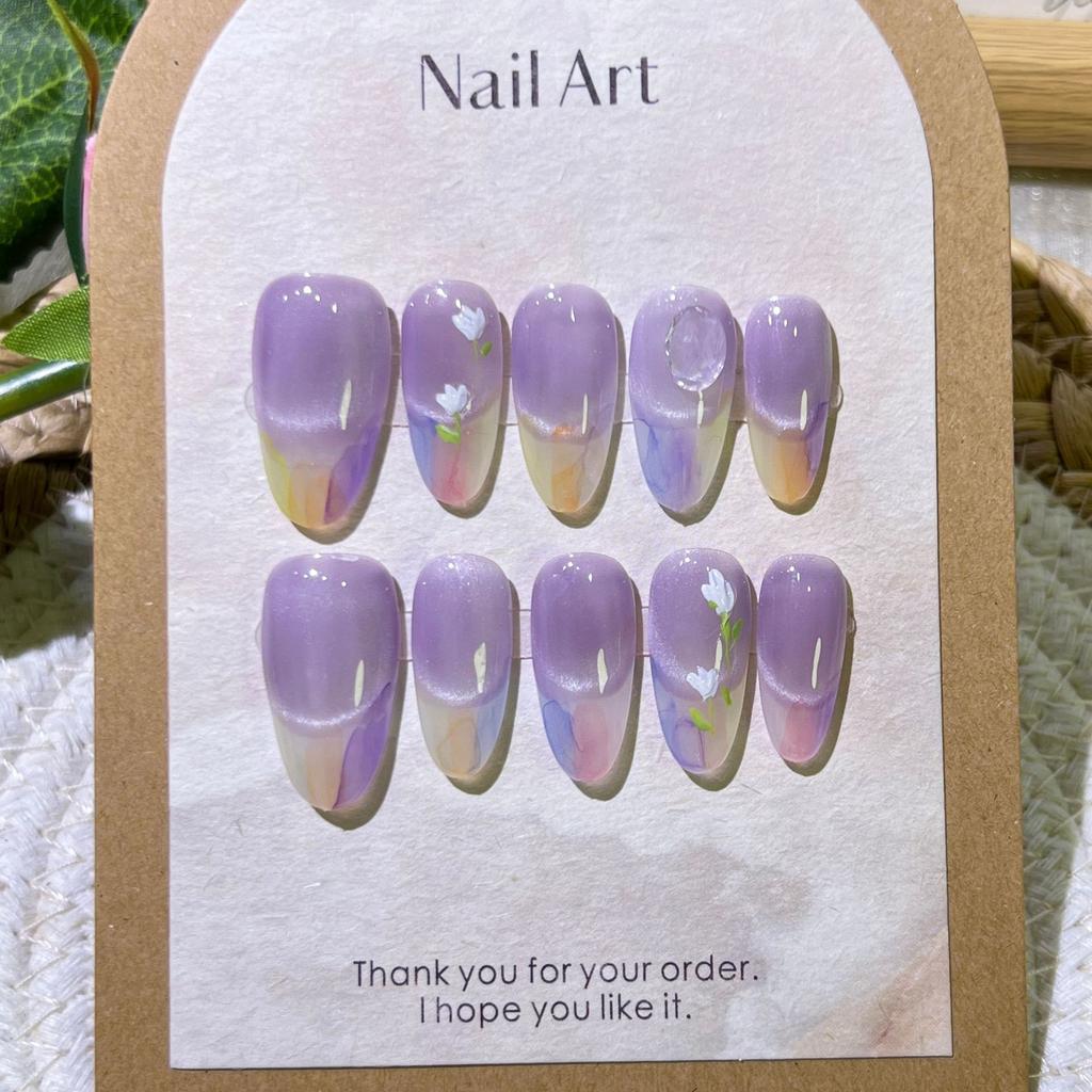 Women Mid‑Length Press‑On Nails Pure‑Handmade Finished Hand‑Painted Cat‑Eye False Nail Patches
