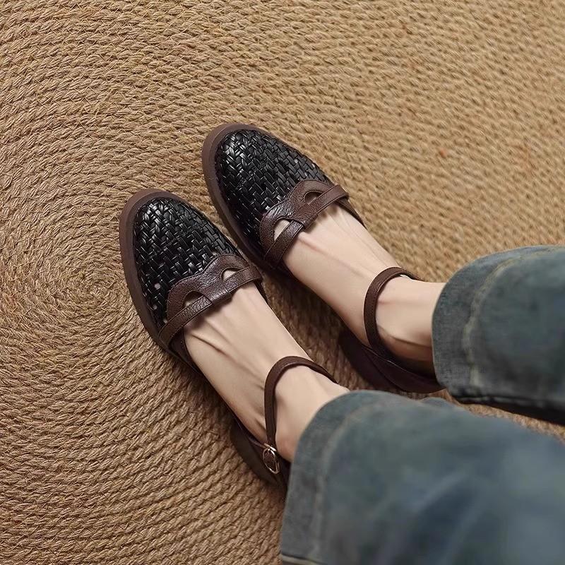 Fashion Retro Woven Cutout High Heel Baotou Sandals Summer New Round Toe Shallow Mouth Block Heel Shoes Women
