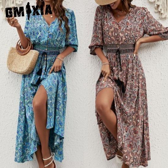 GMXIA Women's Summer V-neck Printed Bouquet Waist Bohemian Dress Holiday Button-down Beach Long Dress