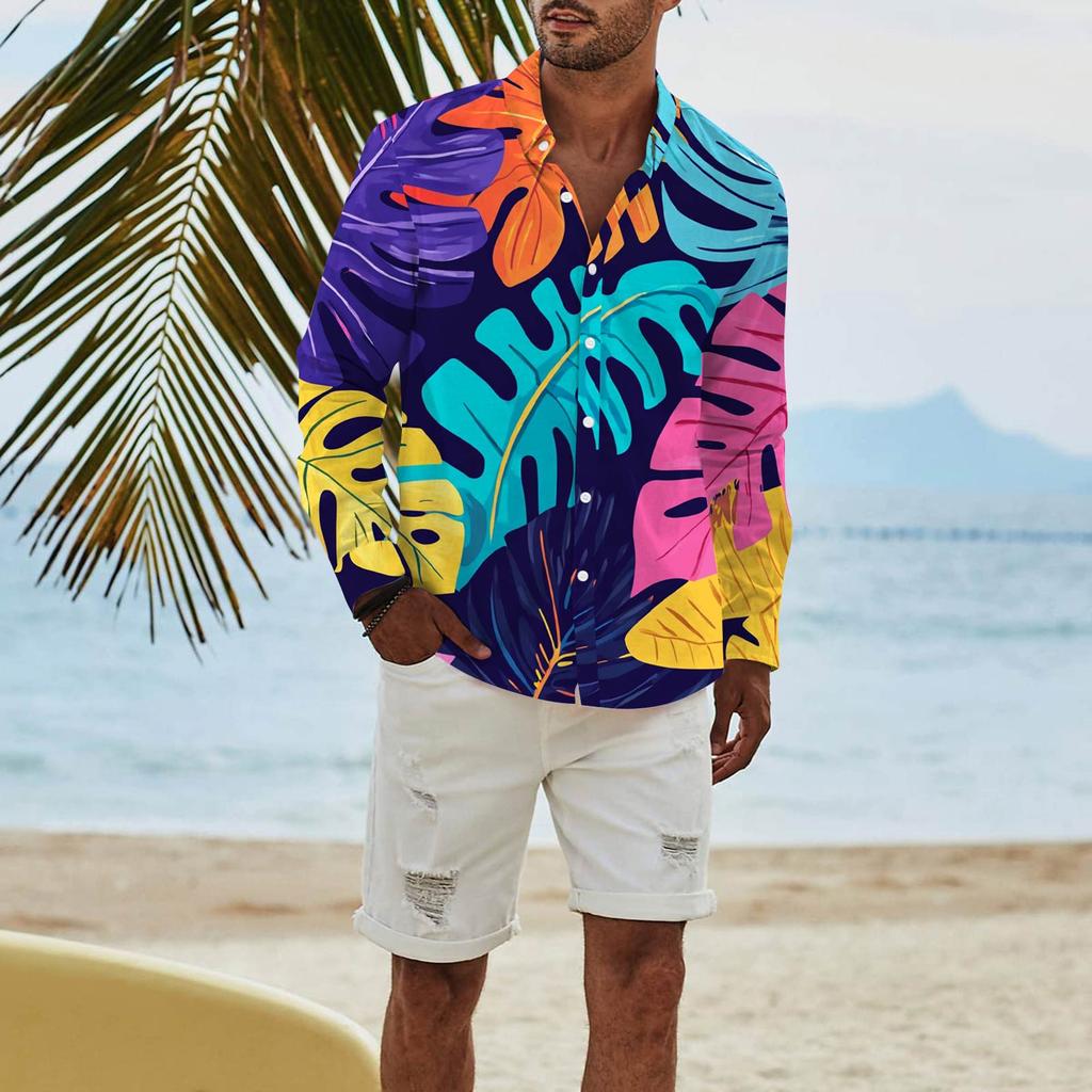Men's Fashion Long Sleeve Printed Casual T Shirt Button Regular Fit Shirt Top