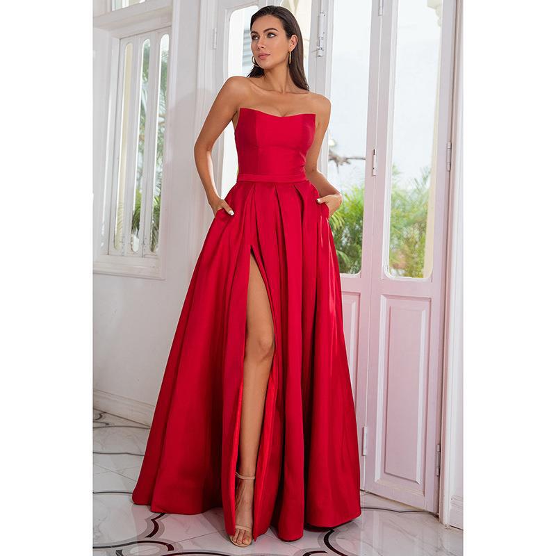 Bridesmaid dress new European and American party dress tube top satin sexy evening dress long