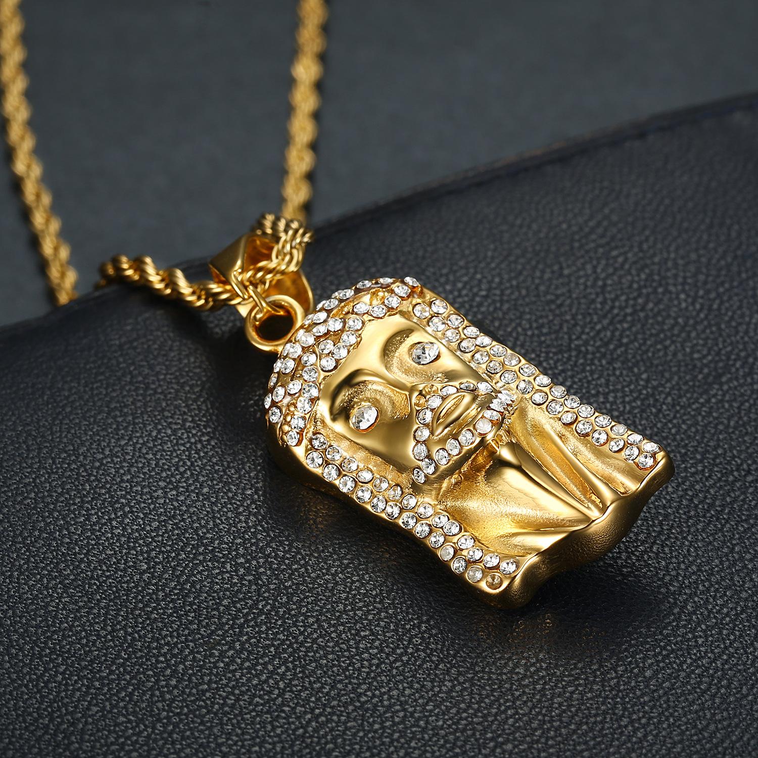 

Hip Hop Jesus Pendant Gold Color with Rhinestone Necklaces Jewelry 60cm