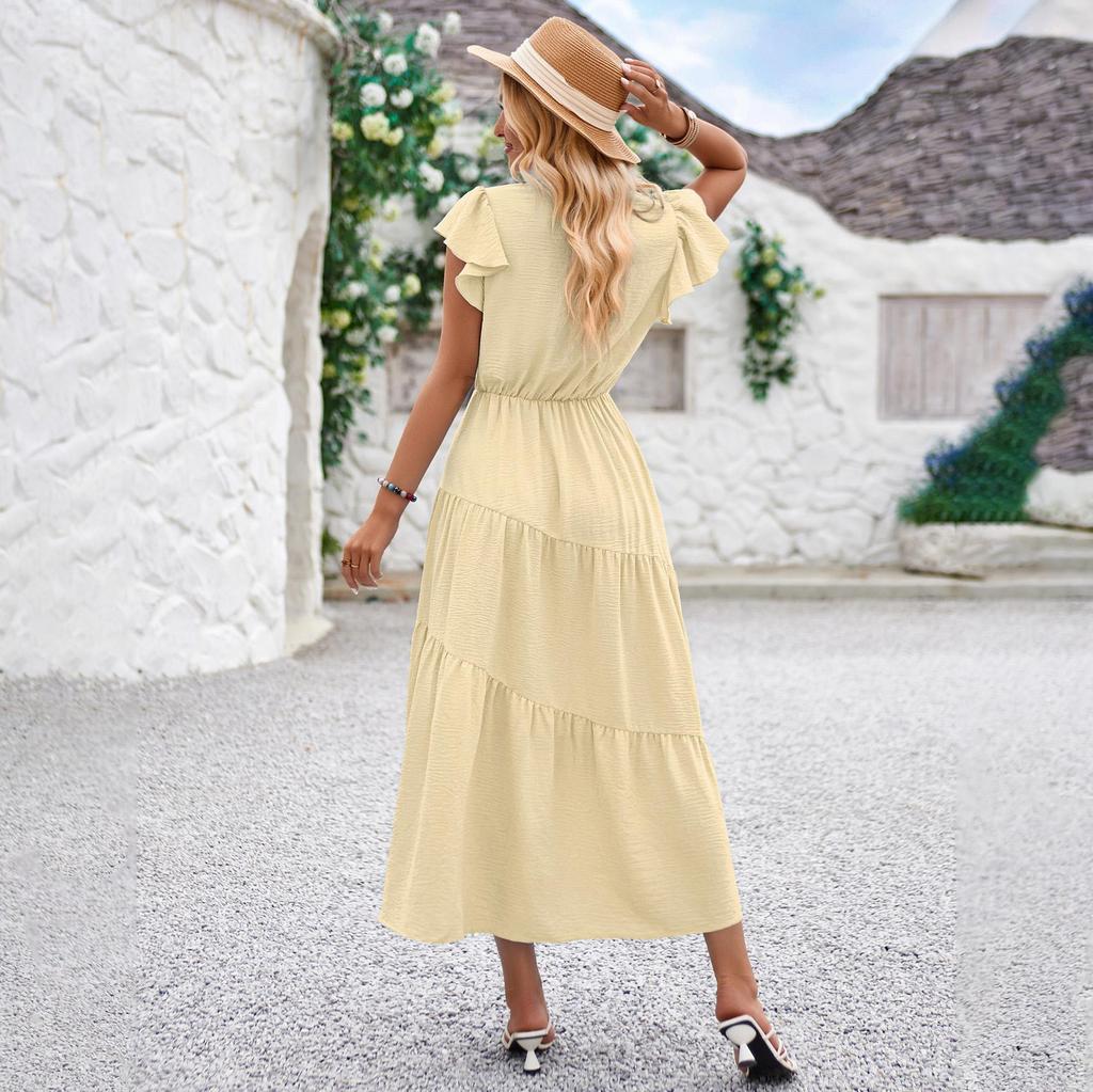 Damen Frühling Einfarbig V-Ausschnitt Kurze Lotusblattärmel Schlankes Kleid Sommer Lässig A-Linie Hohe Taille Lagen Lange Kleider S-XL