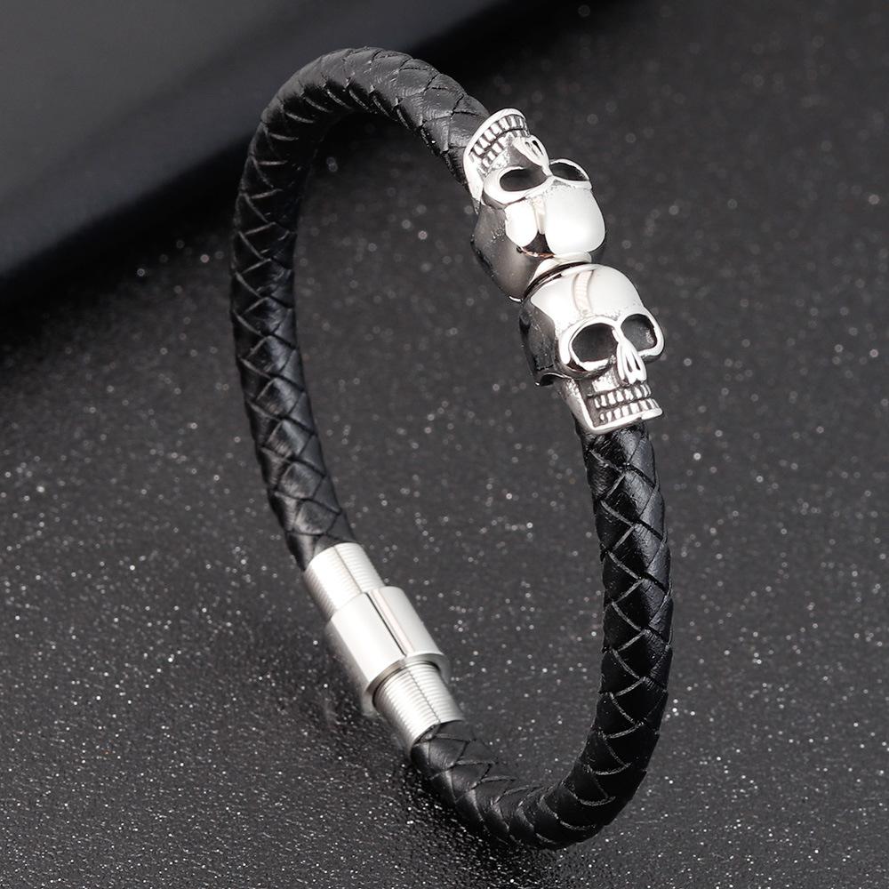 Men's Black Braided Leather Bracelet with Stainless Steel Skull Design Cool Wristband