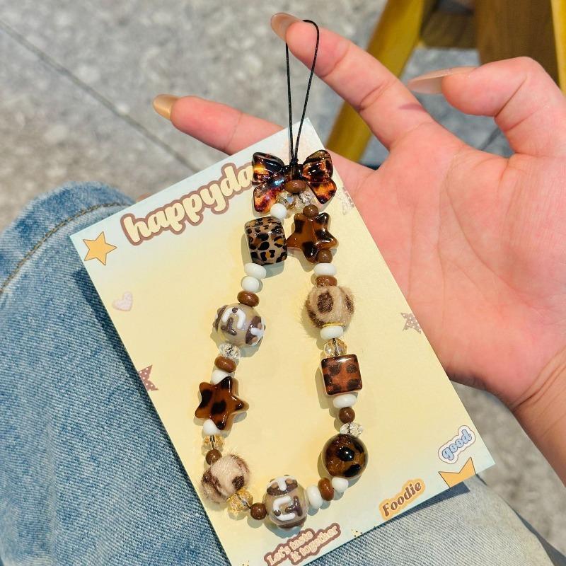 Leopard Print Star Beaded Phone Charm Handmade Retro Brown Bow Bracelet Strap Aesthetic Wild Phone Chain For Women