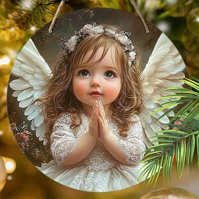 Décoration de murs ou de portes de maison, en bois plat 2D, Le motif du pendentif est un ange avec une guirlande, Décoration de Noël, cadeaux pour les amis et la famille