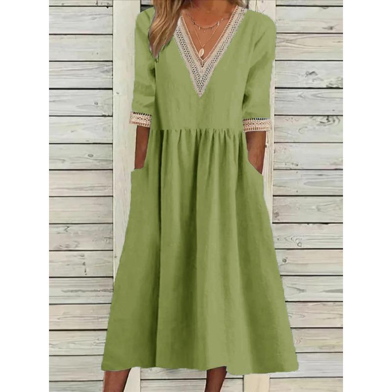 Mote V-hals Stor Størrelse Kort Erm Sommerkjole Kvinner Elegant Løs Kontor Casual A-linje Selskapsblonderkjoler Ensfarget Dame Plissert Hul Bekledning