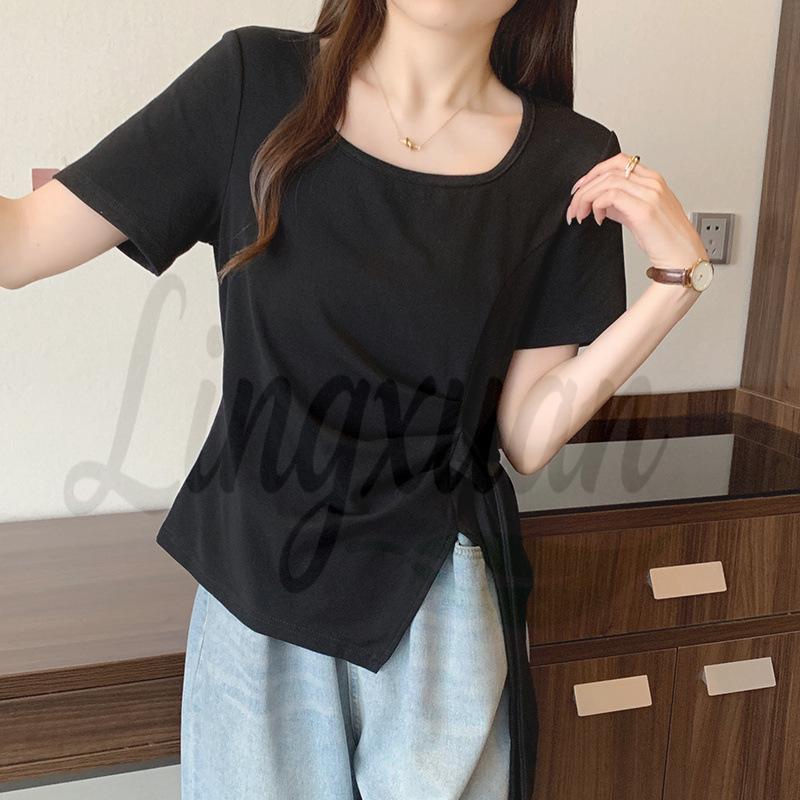 

Plus Size Women s Irregular Split Shoulder Tie-up Waist Chic T-Shirt - Short Sleeve, Slimming, Tummy Cover, Summer Top 4XL чорний