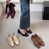 2025 Literary and Retro Bow Square Head Small Leather Shoes Women's Commuter High-heeled Single Shoes One-pedal Thick-heeled Fashion Shoes