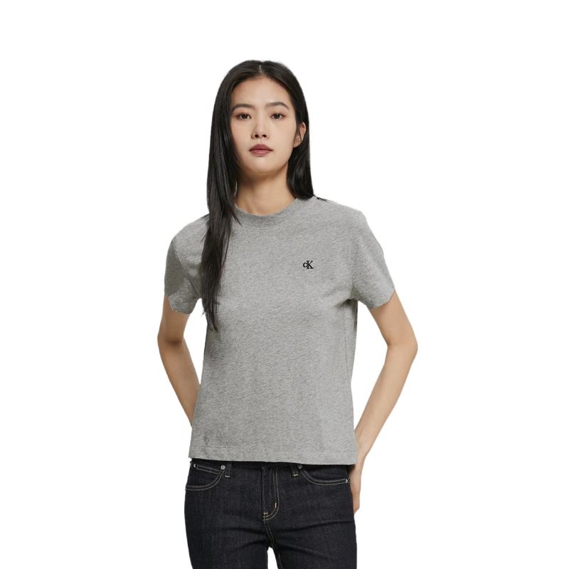 Calvin Klein Cotton Slim Fit Embroidered Breathable Round Neck Short Sleeve T-Shirt Women Tops Hero-Gray 40WH105-CVP