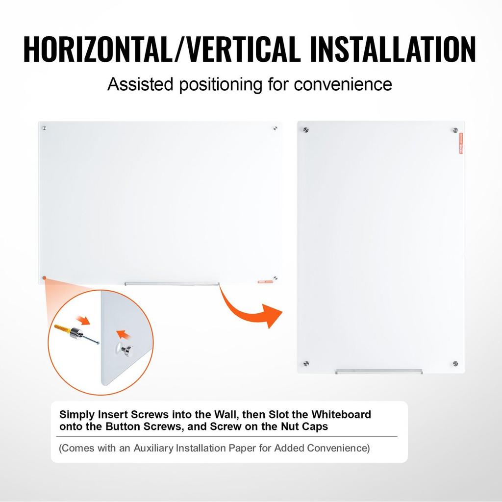 Magnetic Glass Whiteboard, Dry Erase Board 1200 x 800 mm, Wall-Mounted Large White Glassboard Frameless, with Marker Tray, an Eraser and 2 Markers,