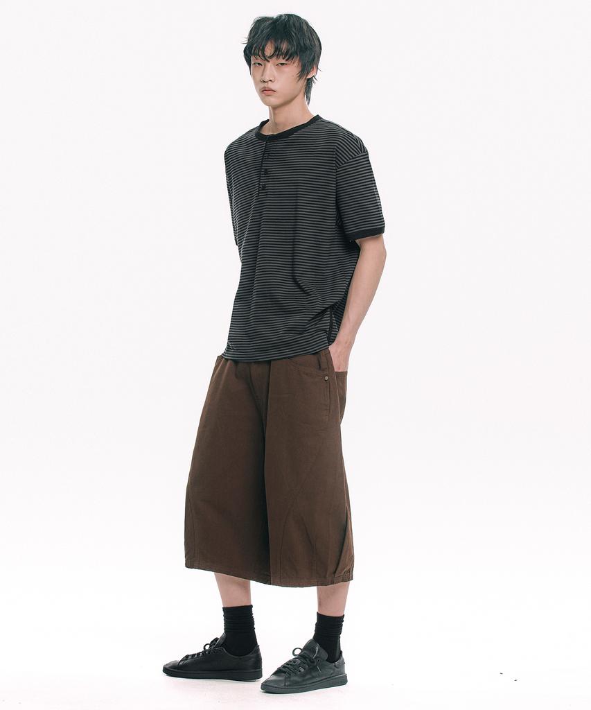 MOO Striped Henley Neck Short Sleeve Tee - Black
