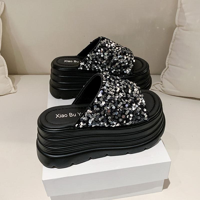 Fashion 8CM Thick Bottom Summer Bling Slippers Women's Sandals Women Wedges High Platform Flat Shoes Woman Beach Open Toed Flip Flops