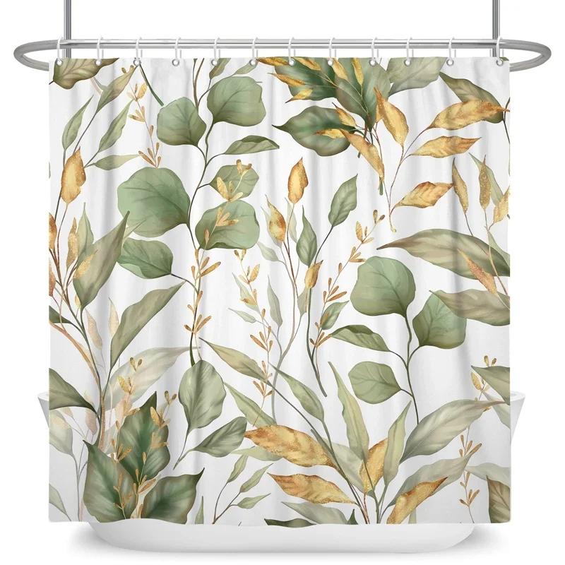 Green Eucalyptus Leaves Shower Curtains Watercolor Floral Waterproof Morden Bathroom Bathtub Curtain Room Decor With Hooks