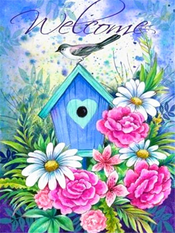 Diamond Mosaic Welcome Text Full Drill Square Diamond Embroidery Flower Needlework Beaded Mosaic Bird 5D DIY Home Decor